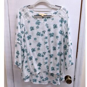 Hope & Harlow Womens Small Floral Blouse Flutter Sleeve White Teal / #26386